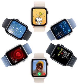 صورة علوية لست شاشات من ساعة Apple Watch SE تعرض خلفية الشاشة Snoopy، وبيانات تطبيق النوم، وقياسات تطبيق التمرين، ومكالمة واردة، ونبض القلب، وتطبيق الطقس.