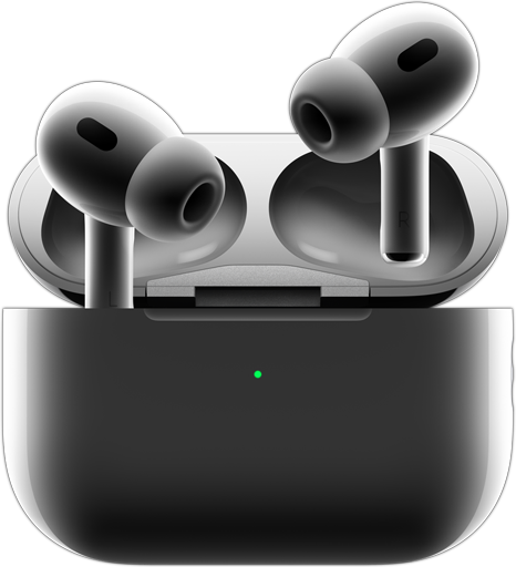 صورة لسماعات AirPods Pro 2 تخرج من علبة الشحن، مع الضوء الأخضر في الجهة الأمامية من العلبة