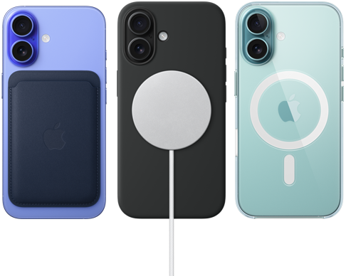 ثلاثة أجهزة iPhone 16 يظهر جانبها الخارجي الخلفي مع اكسسوارات MagSafe مثبتة عليها: محفظة MagSafe من نسيج محبوك لجهاز iPhone، وشاحن MagSafe مع حافظة من السيليكون، وحافظة MagSafe باللون الشفاف لجهاز iPhone